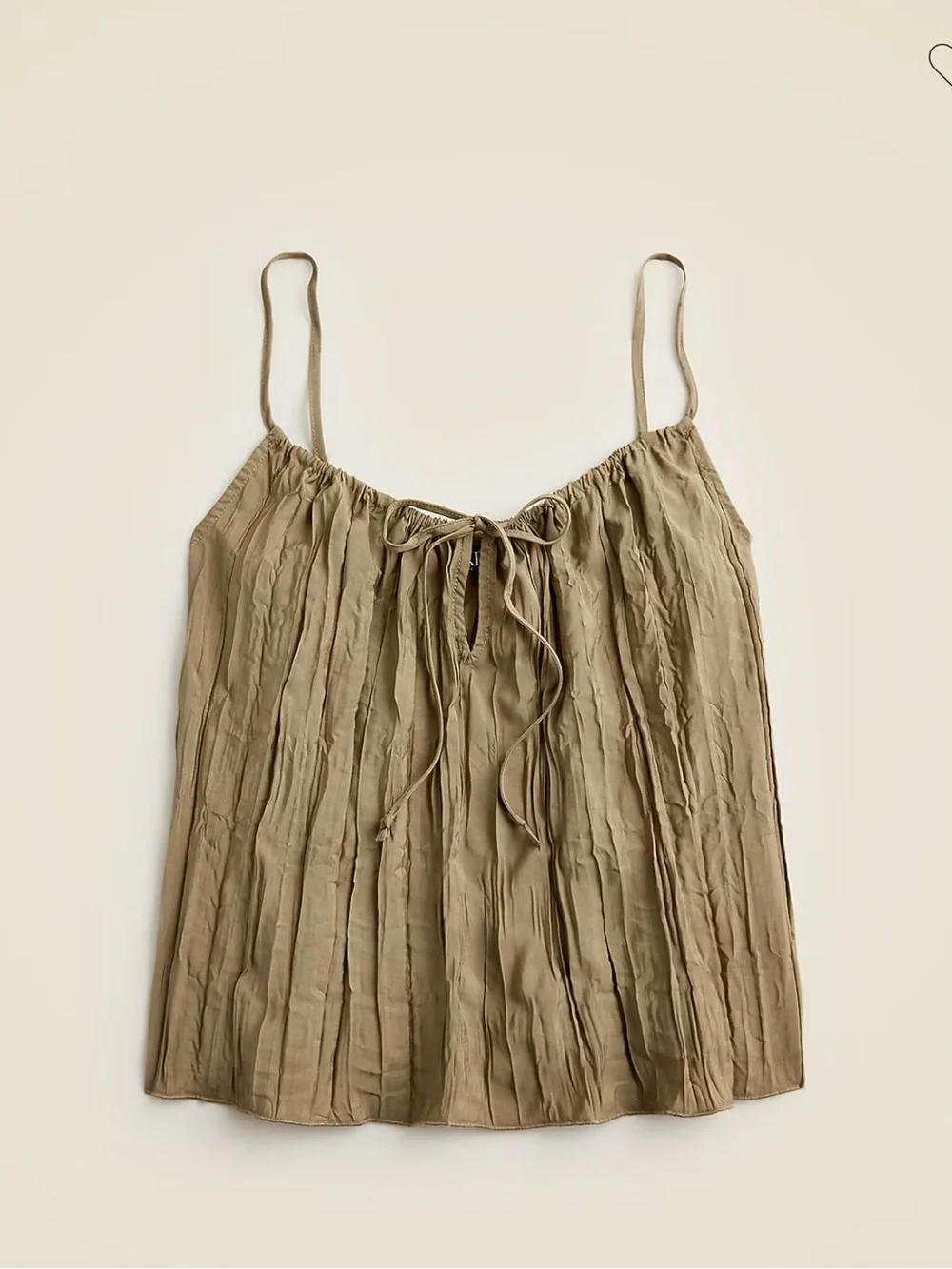 J. Crew Olive Crinkle Spaghetti-Strap Top with Front Tie Size-Small Coastal Boho